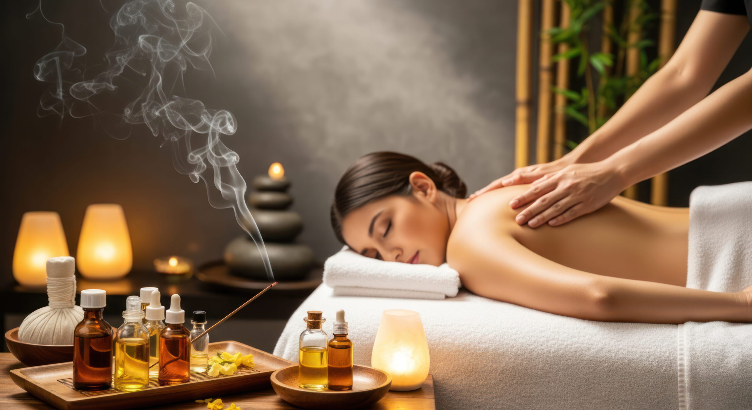 serene spa session woman receiving back massage amidst calming aromatherapy soft lighting 1 scaled